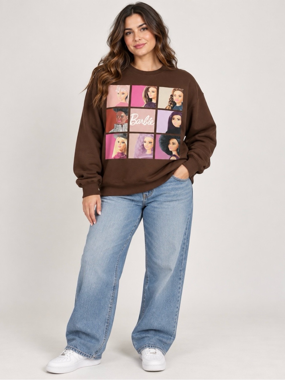 Barbie XXL Brown Graphic Crewneck Sweatshirt Women Doll Collage Pink Y2K Retro